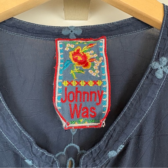 Johnny Was Floral Embroidered Henley Tunic Top Bohemian Blue Sz S Eyelet - Picture 2 of 10